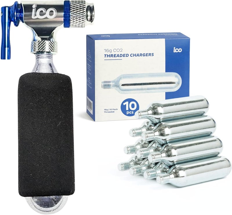 ICO CO2 Bike Tire Inflator Set with CO2 Inflator and 10pcs of 16g Threaded CO2 Cartridges, for Both Presta and Schrader Valves, CO2 Bike Pump for MTB & Road Bikes and CO2 Cartridges Food Grade - Image 1